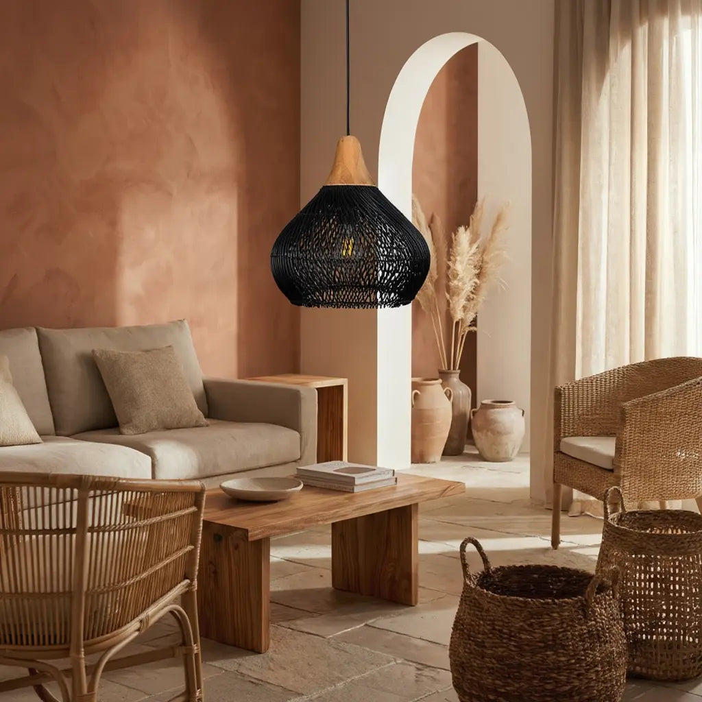 Mistral rattan teardrop pendant light – shown in a living room