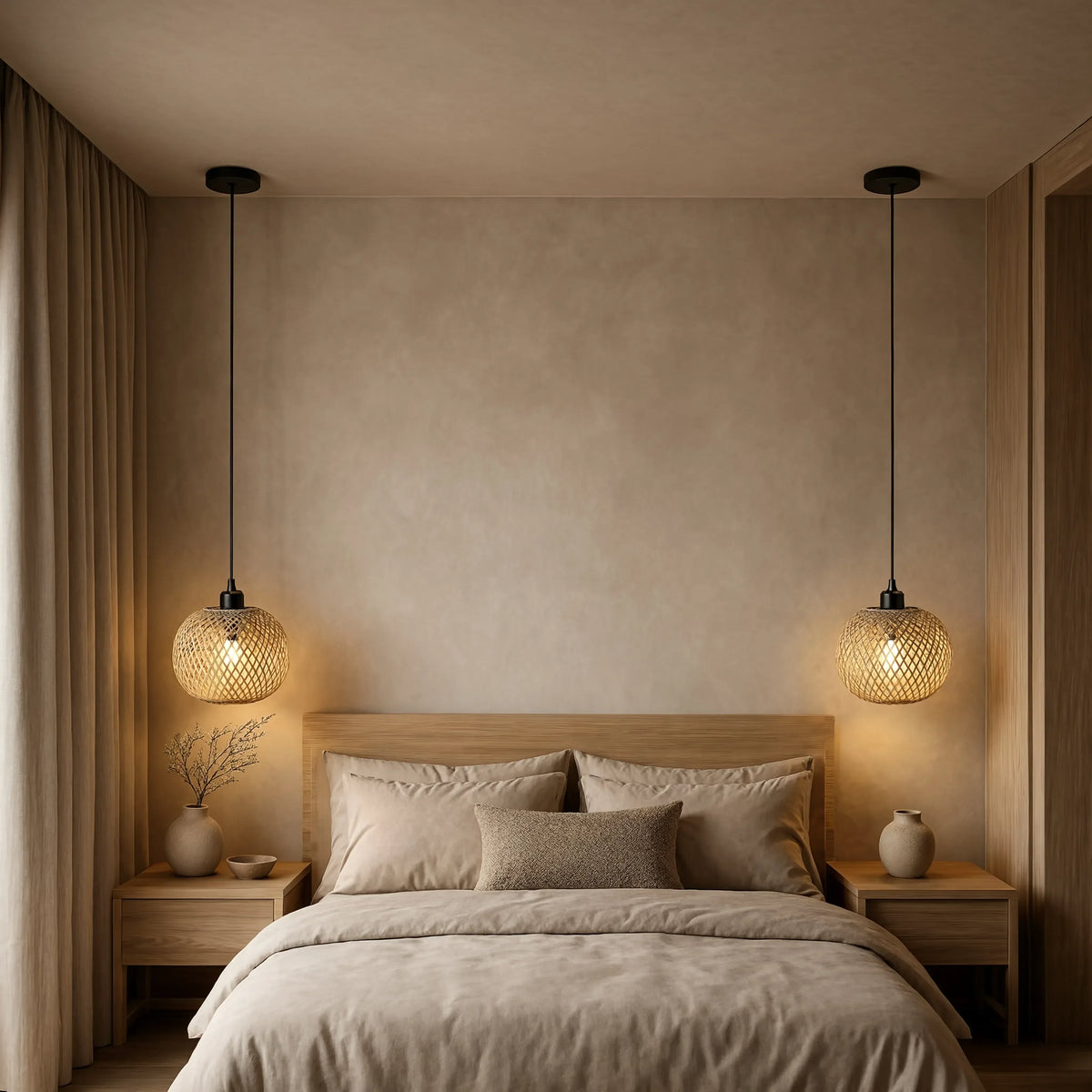 Andros handwoven rattan ball pendant light – shown in a bedroom