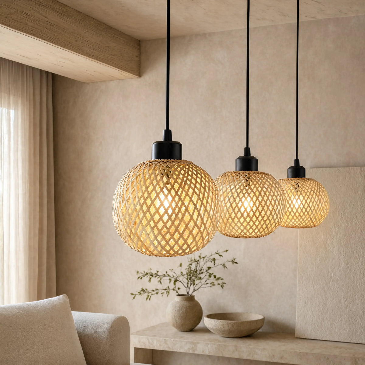 Andros handwoven rattan ball pendant light – shown in a living room