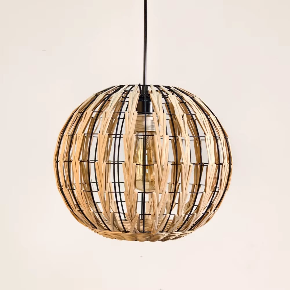 Rustic two-tone beige and black rattan cage pendant light – another view
