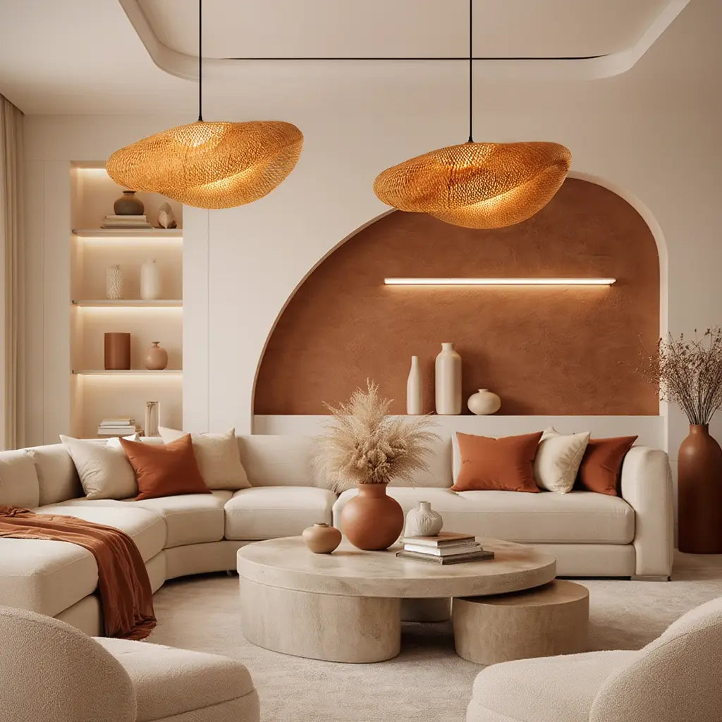 Calypso wavy woven rattan pendant light – shown in a living room
