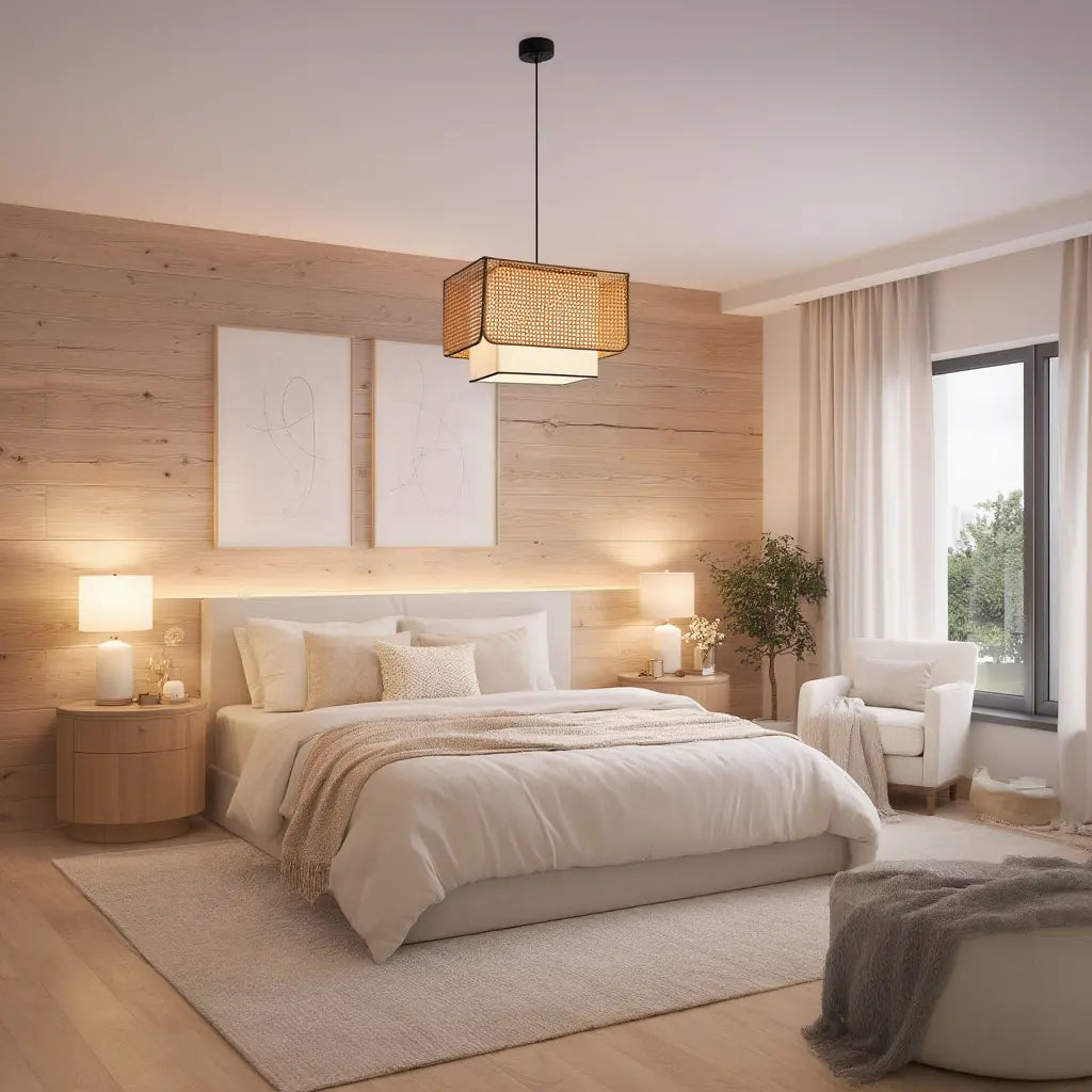 Patmos cane and white fabric cube pendant light – shown in a bedroom