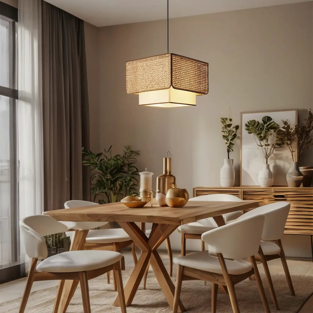 Patmos cane and white fabric cube pendant light – shown in a dining room (2)