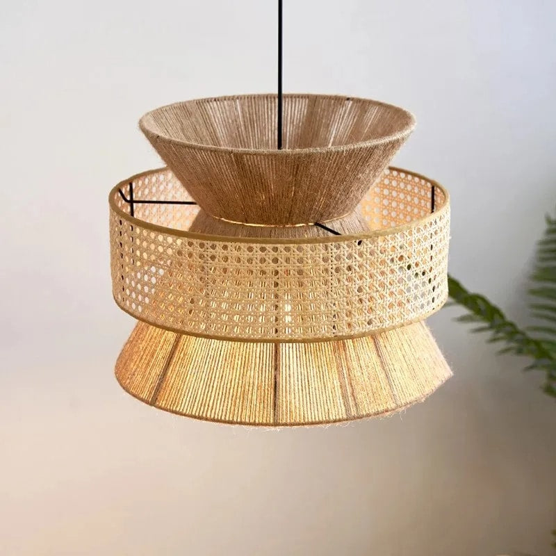 Woven natural rattan pendant light with a slim metal frame