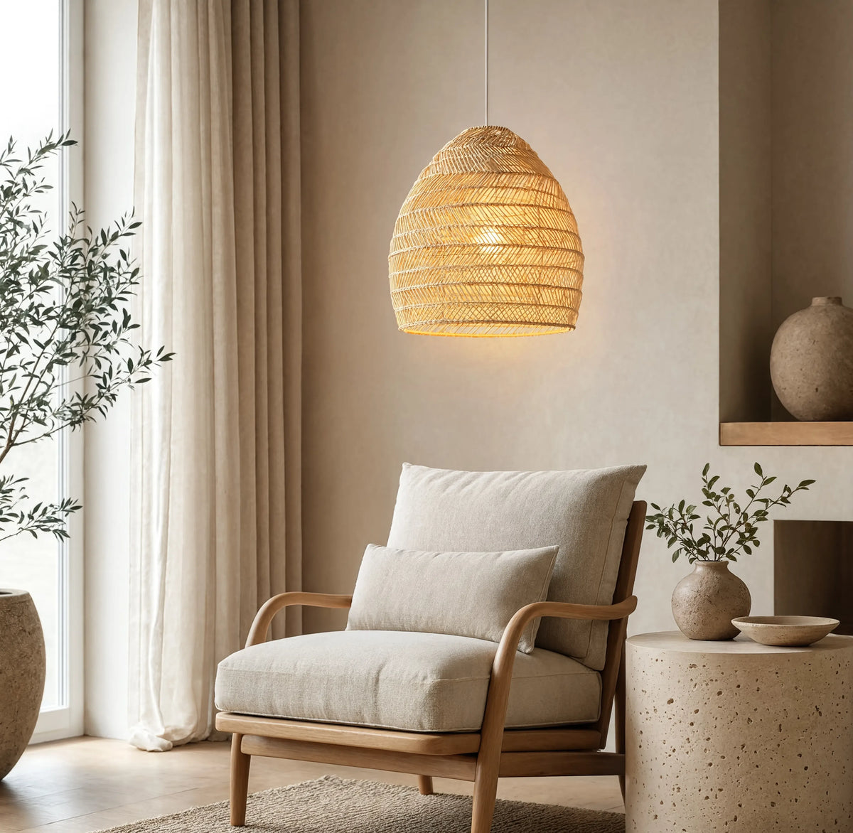 Skopelos open-weave rattan bell pendant light – shown in a room setting