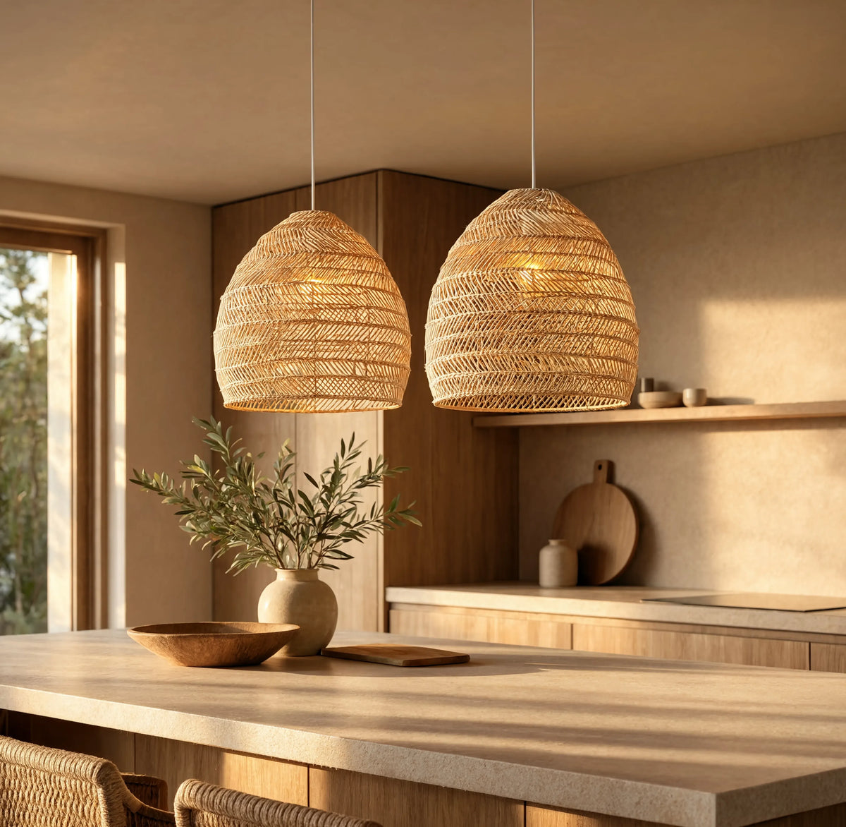 Skopelos open-weave rattan bell pendant light – shown in a kitchen