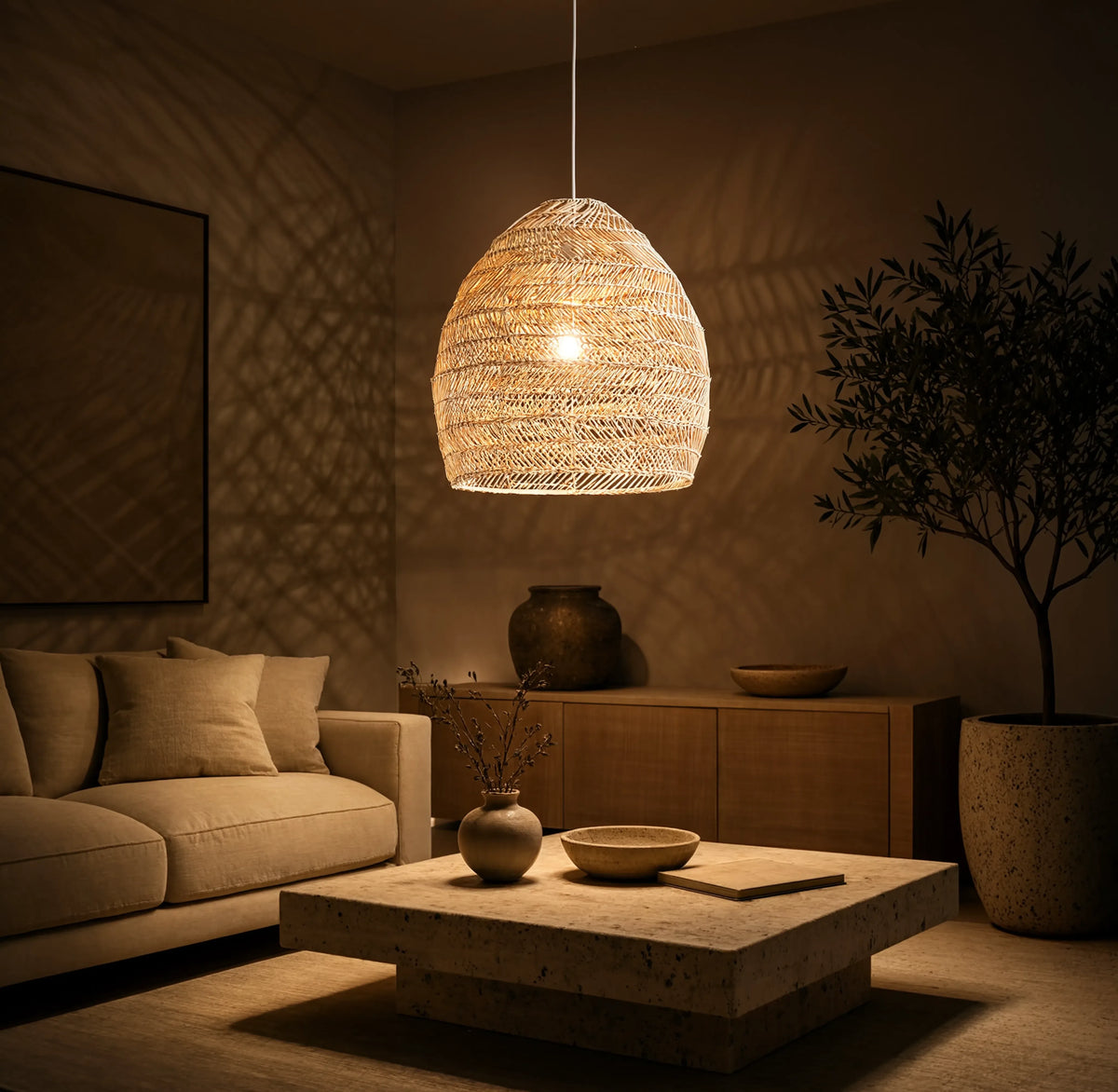 Skopelos open-weave rattan bell pendant light – shown in a living room (2)