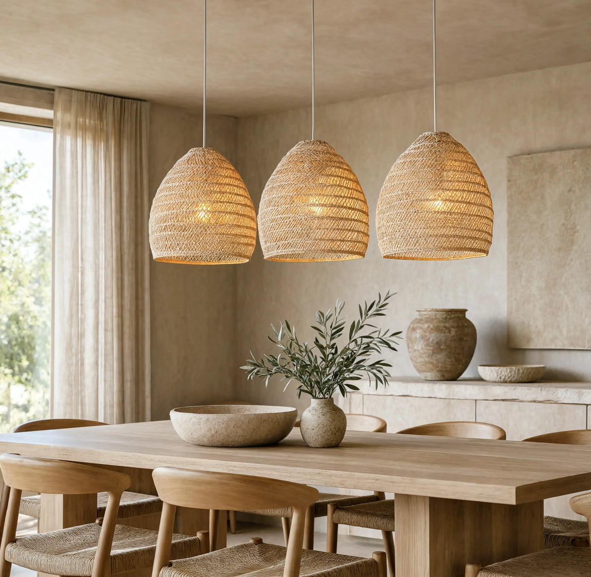 Skopelos open-weave rattan bell pendant light – shown in a dining room