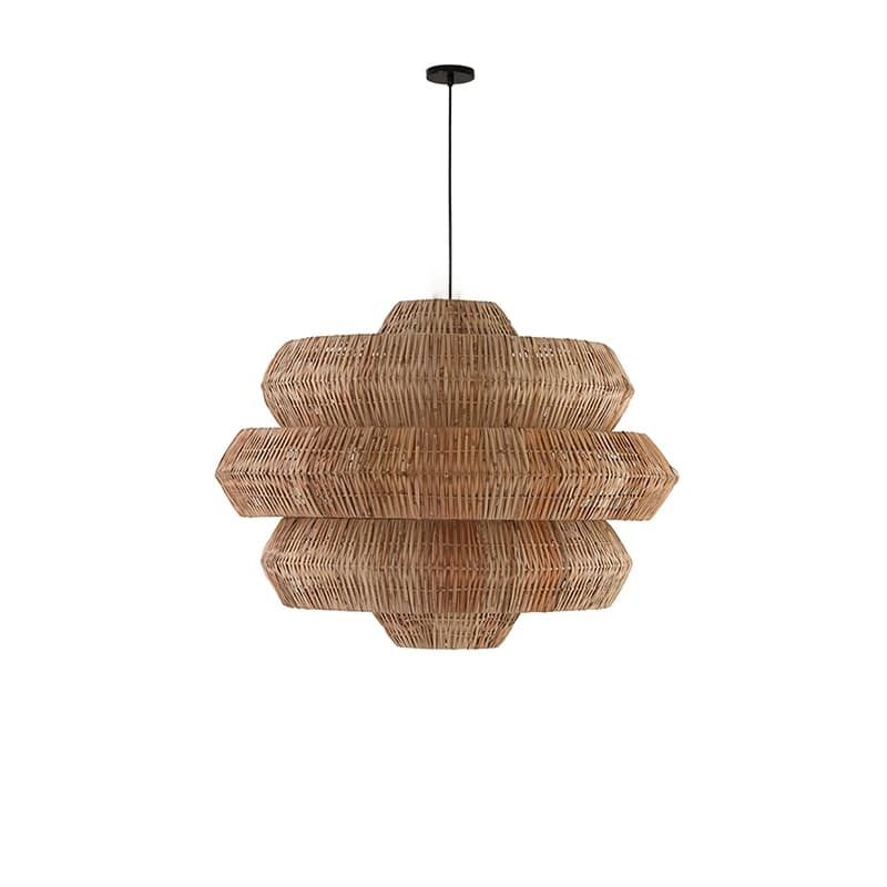 Open rattan pendant light with a central knot detail – brown variant