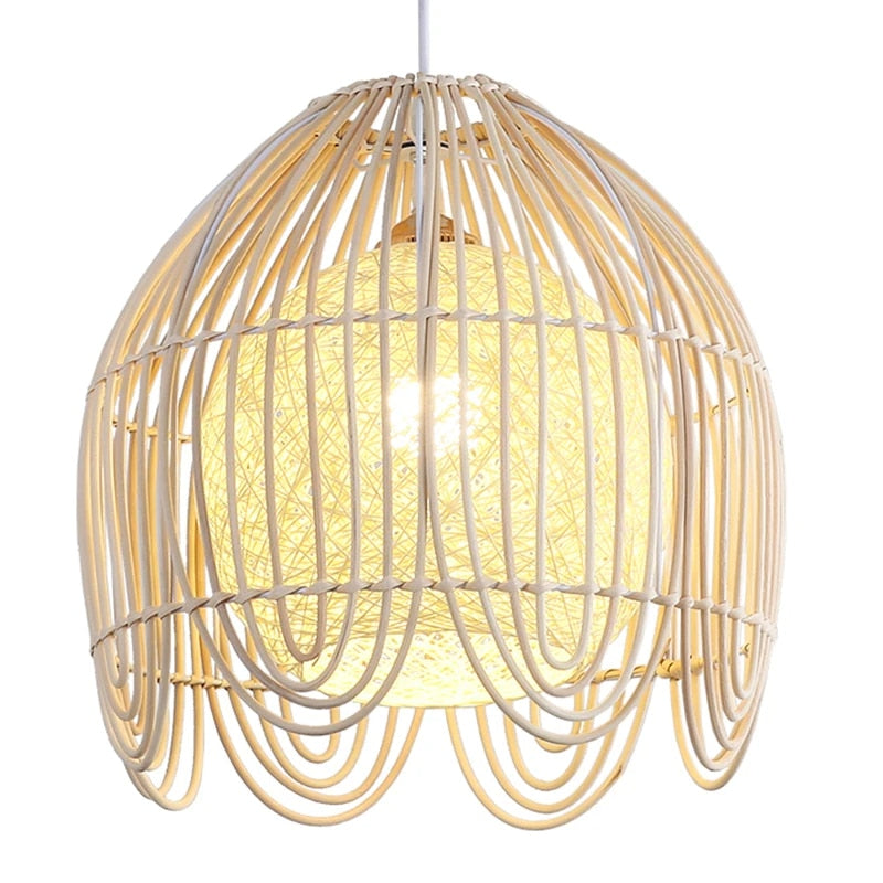Geometric handwoven rattan, bamboo and wicker pendant light – shown lit
