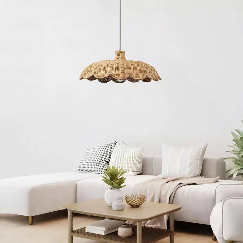 Structured handwoven rattan pendant light – shown in a room setting (2)