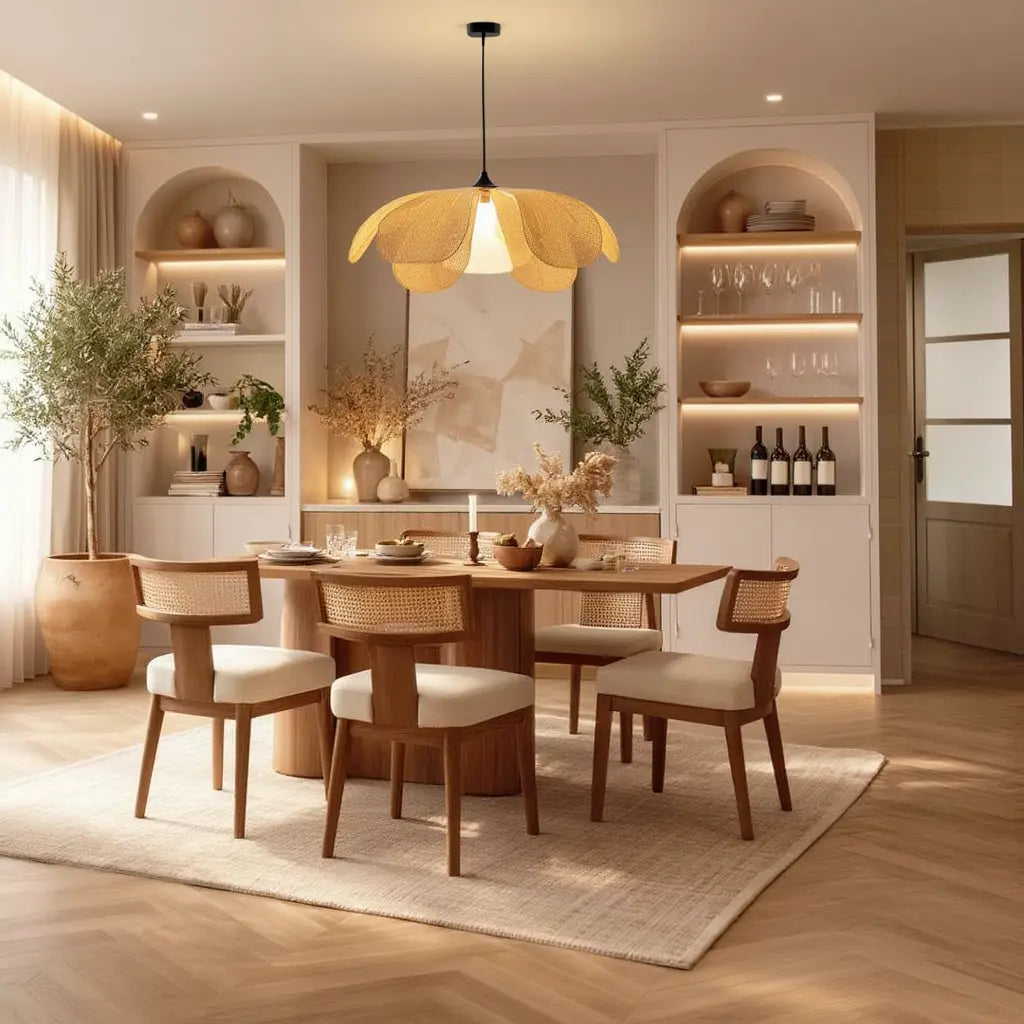 Iris woven rattan petal pendant light – shown in a dining room