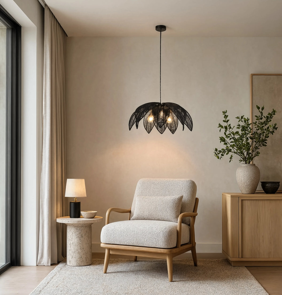 Céfalu rattan palm leaf flower pendant light – shown in a room setting