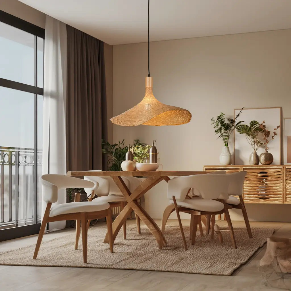 Méltémi rattan straw hat pendant light – shown in a dining room