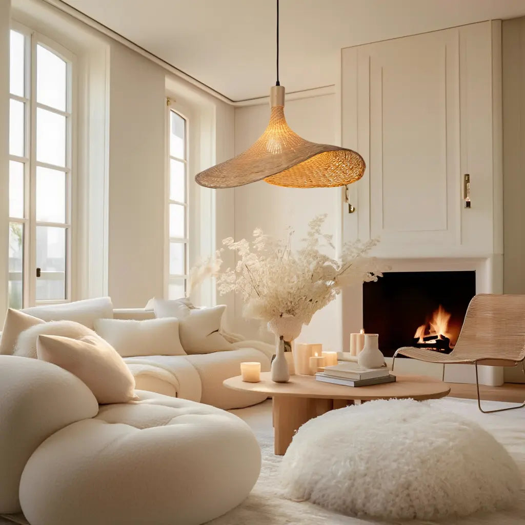 Méltémi rattan straw hat pendant light – shown in a living room