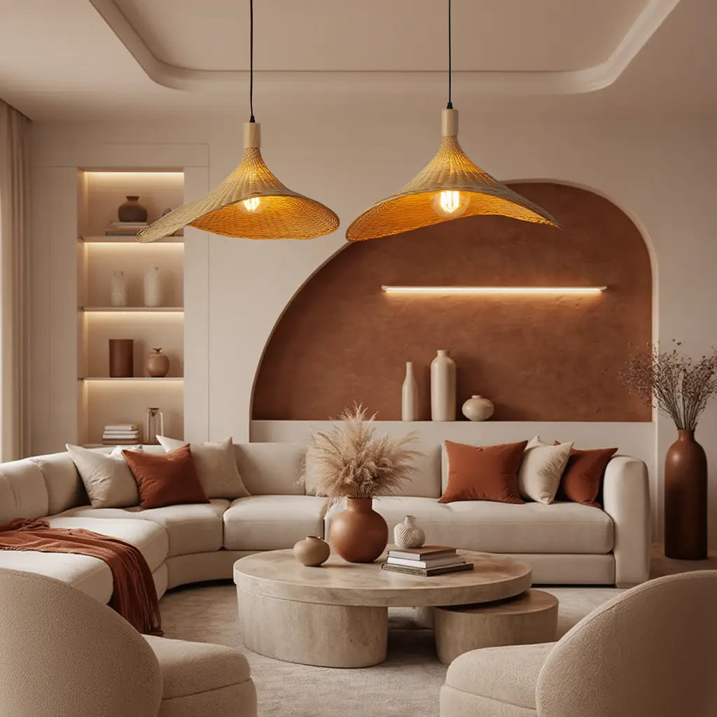 Méltémi rattan straw hat pendant light – shown in a living room (3)