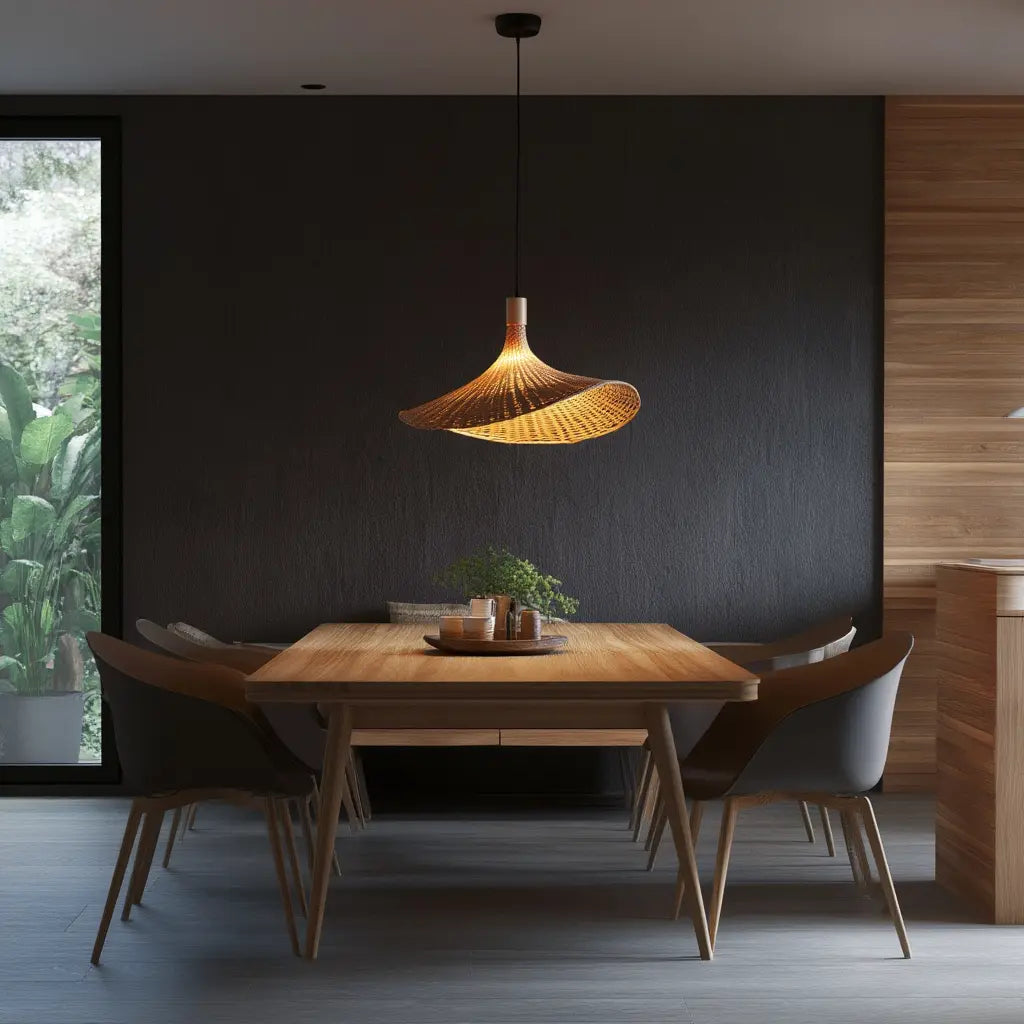 Méltémi rattan straw hat pendant light – shown in a room setting