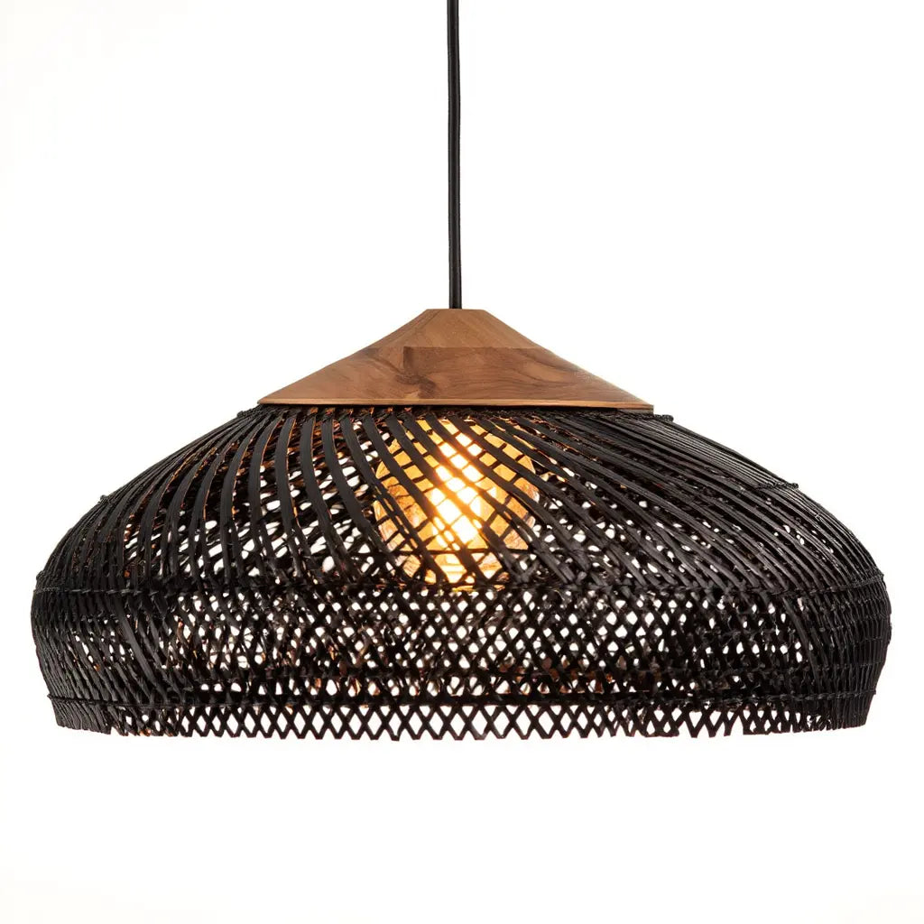 Milos rattan and wood dome pendant light – black variant, another view