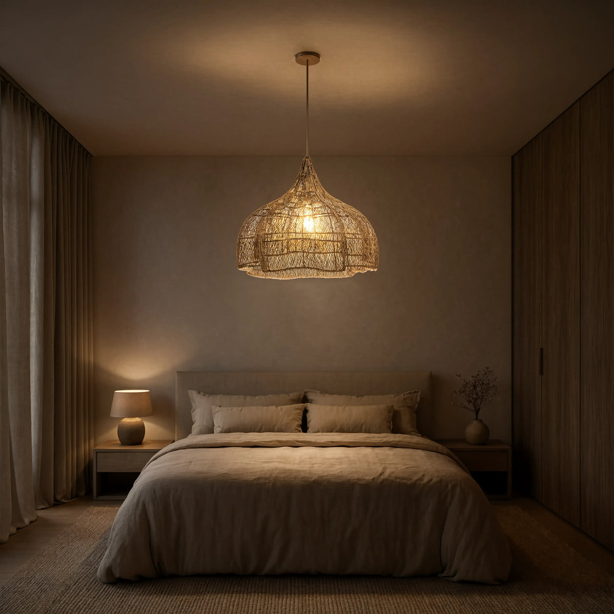 Taormine handwoven scalloped rattan pendant light – shown in a bedroom