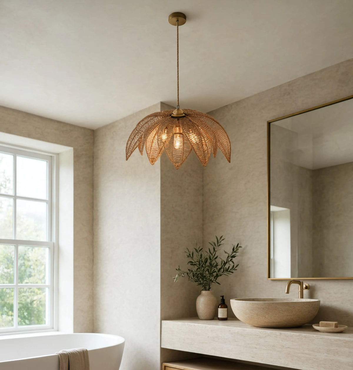 Céfalu rattan palm leaf flower pendant light – shown in a bathroom
