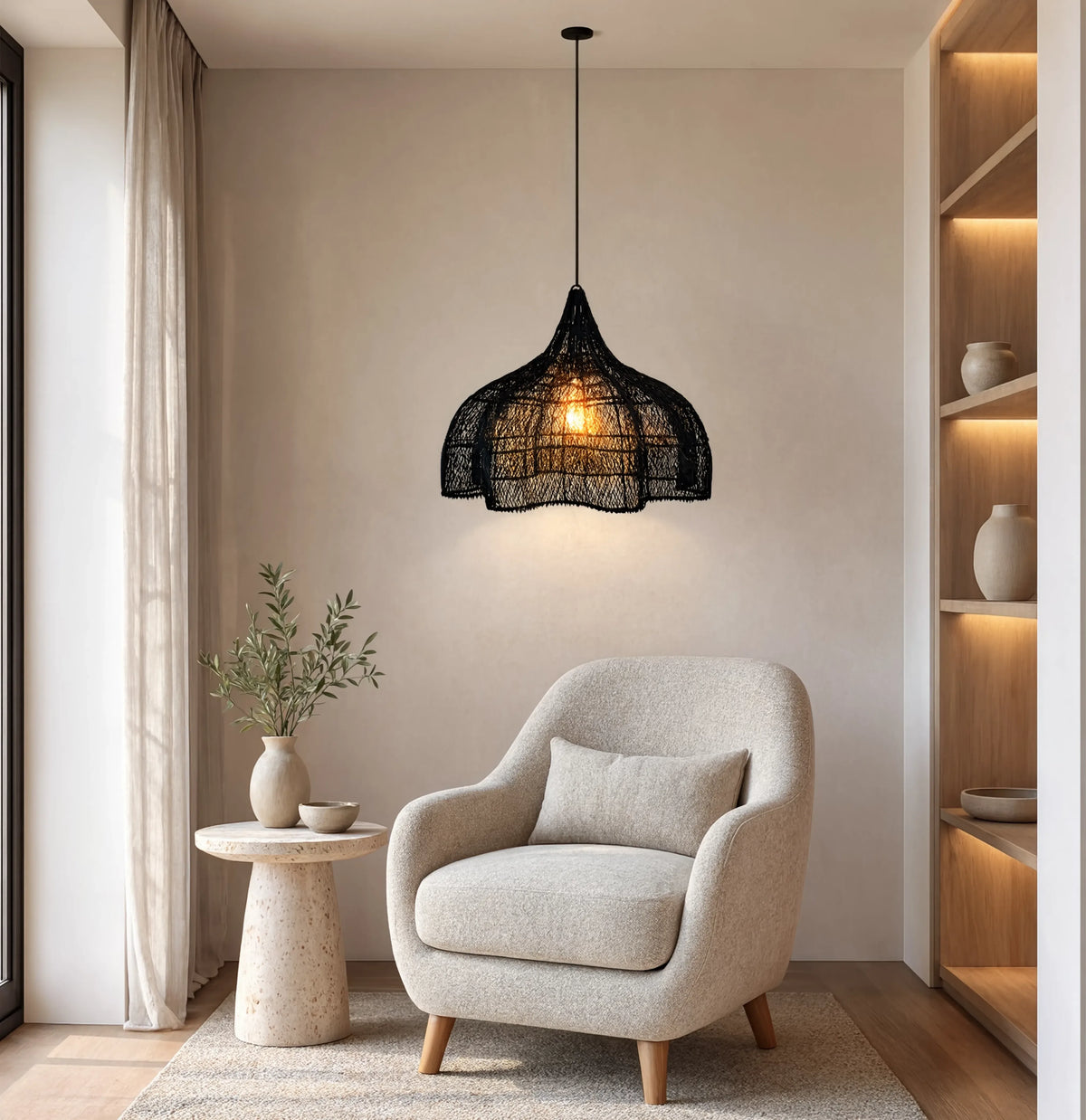 Taormine handwoven scalloped rattan pendant light – shown in a room setting (2)