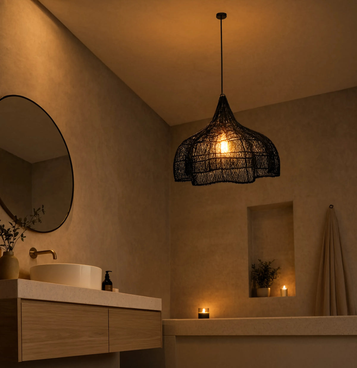 Taormine handwoven scalloped rattan pendant light – shown in a bathroom