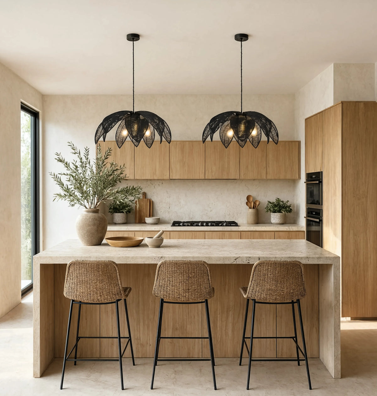 Céfalu rattan palm leaf flower pendant light – shown in a kitchen