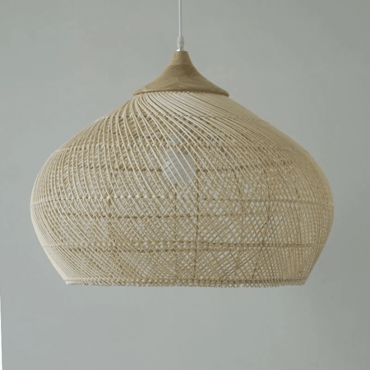 Retro Chinese-style flared bell rattan pendant light in a honey tone