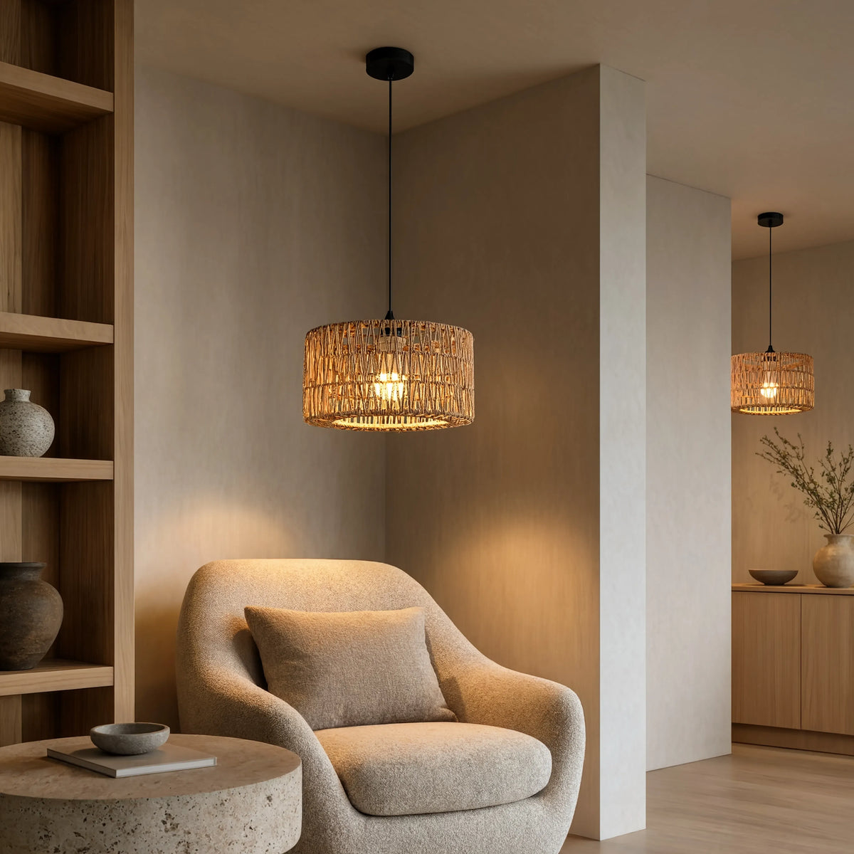 Syros woven jute rope drum pendant light – shown in a room setting (2)