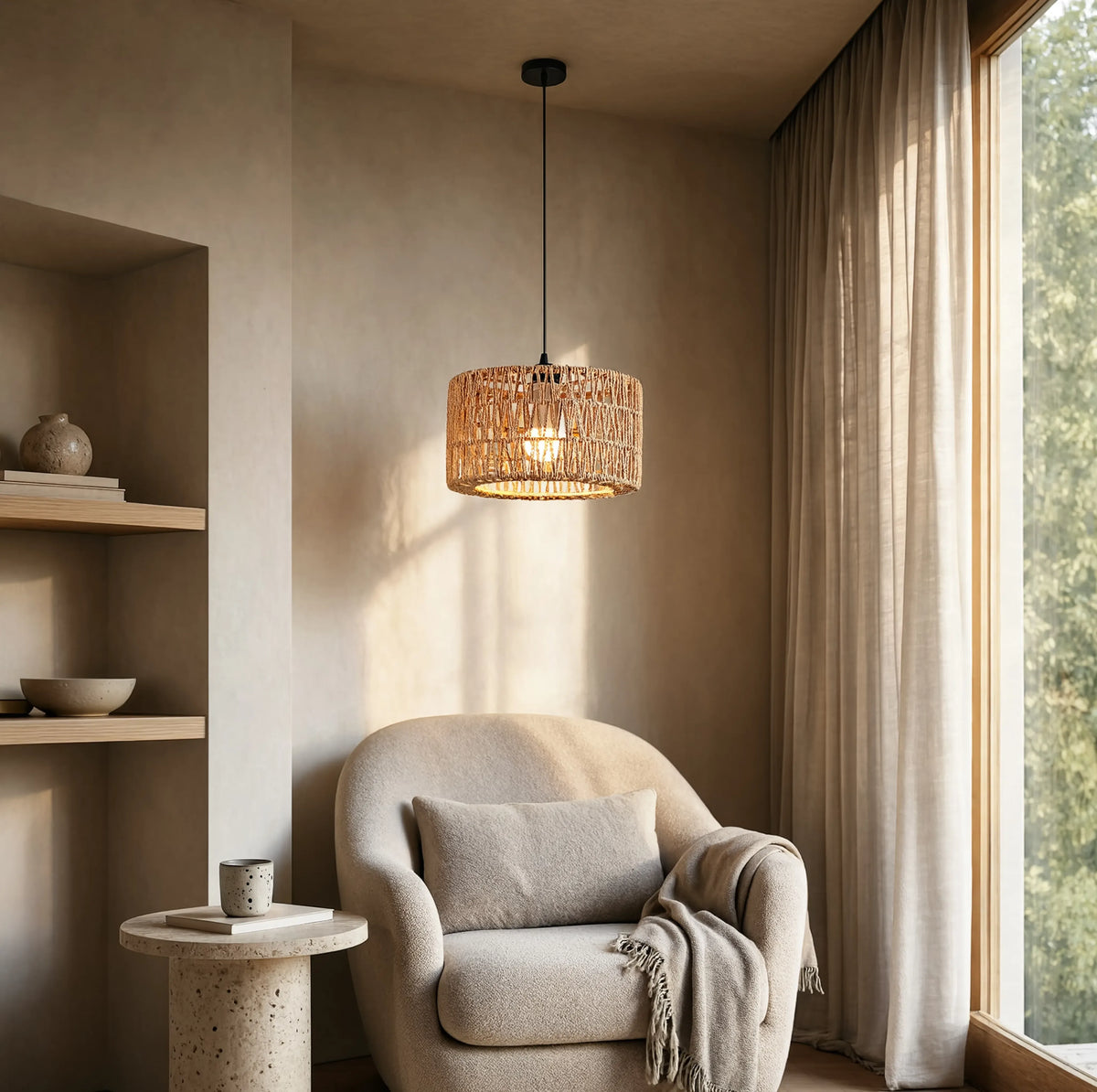 Syros woven jute rope drum pendant light – shown in a room setting