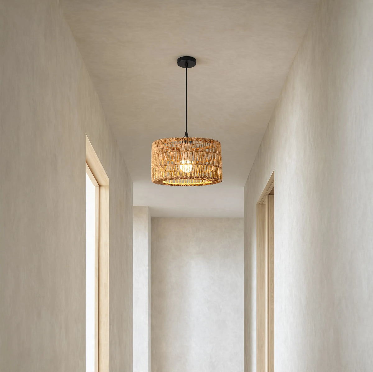 Syros woven jute rope drum pendant light – shown in an entryway