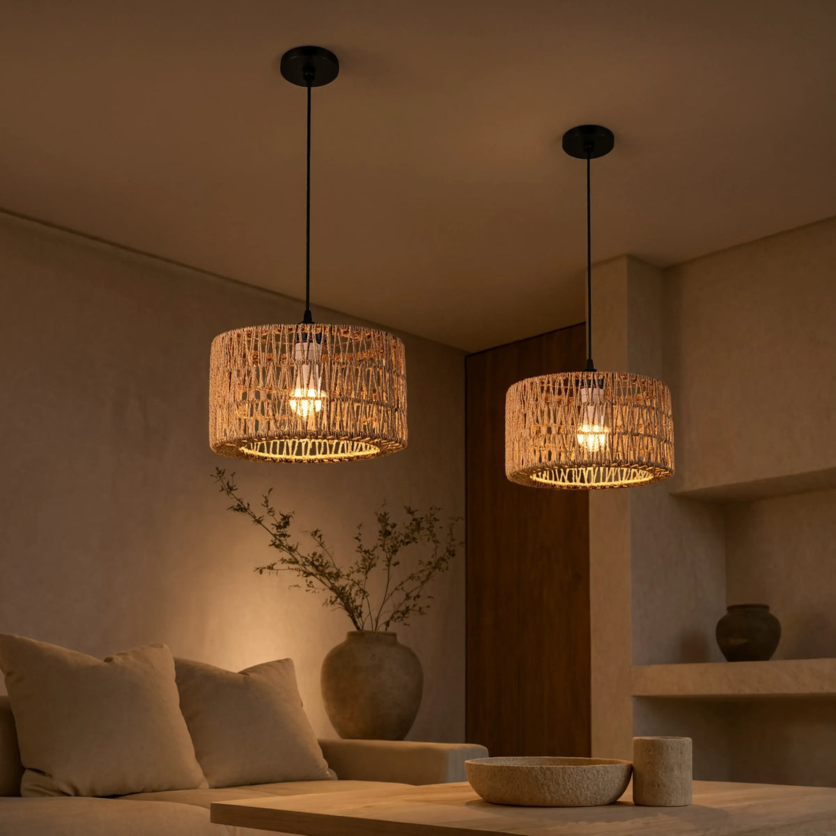 Syros woven jute rope drum pendant light – shown in a living room