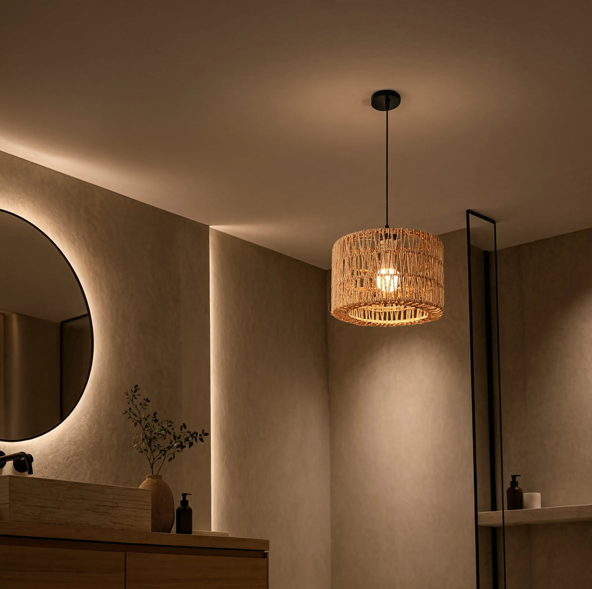 Syros woven jute rope drum pendant light – shown in a bathroom