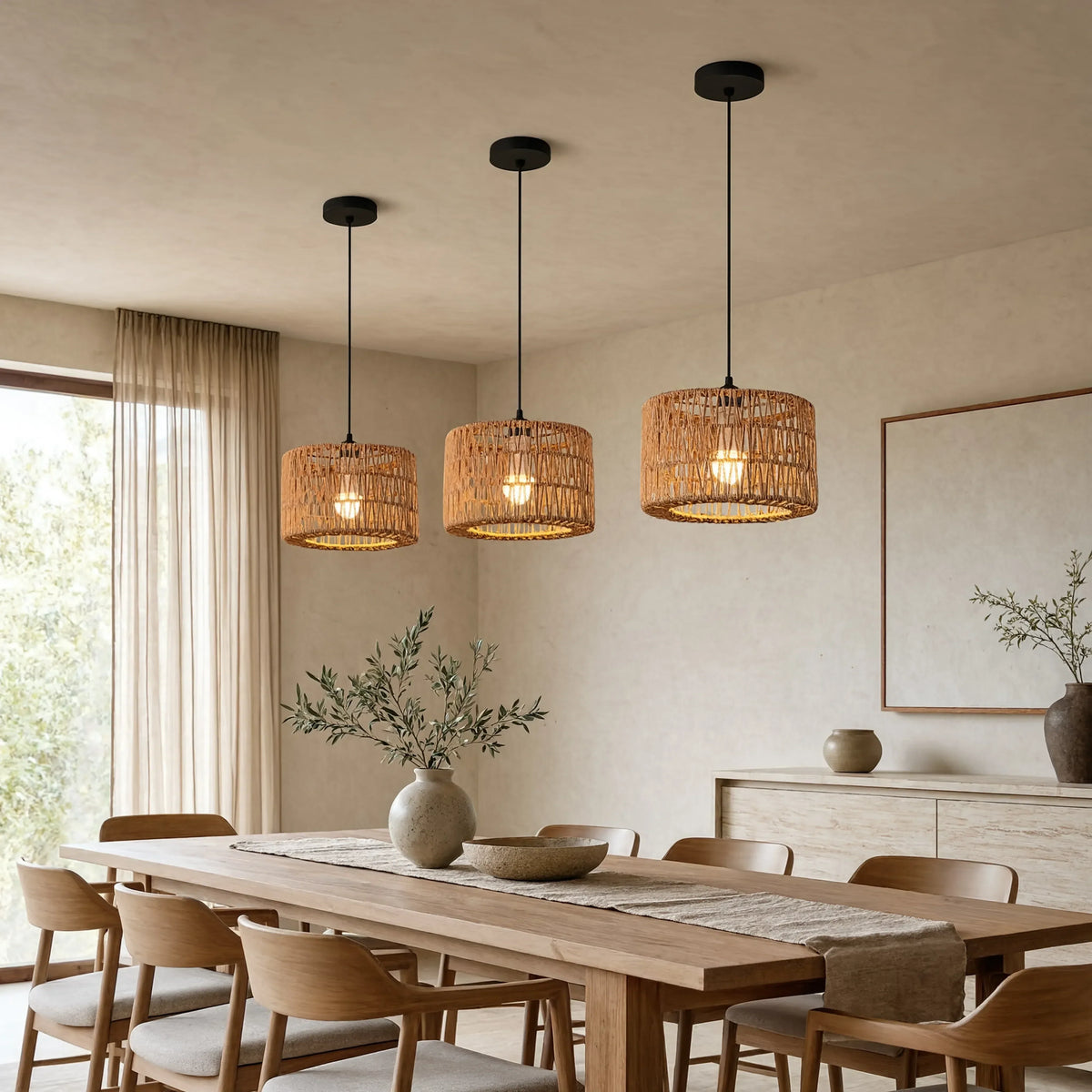Syros woven jute rope drum pendant light – shown in a dining room