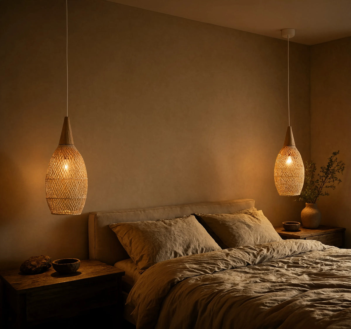 Kalymnos tall woven rattan cocoon pendant light – shown in a bedroom