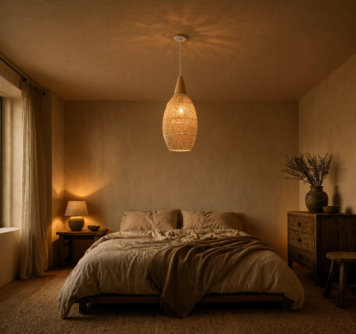 Kalymnos tall woven rattan cocoon pendant light – shown in a bedroom (2)