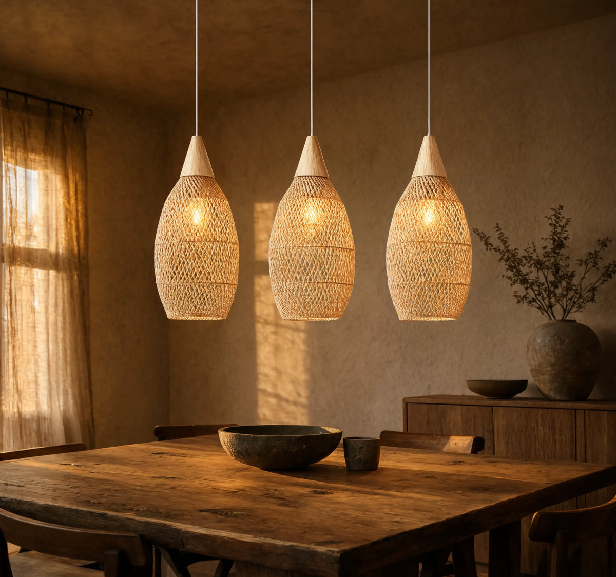 Kalymnos tall woven rattan cocoon pendant light – shown in a room setting