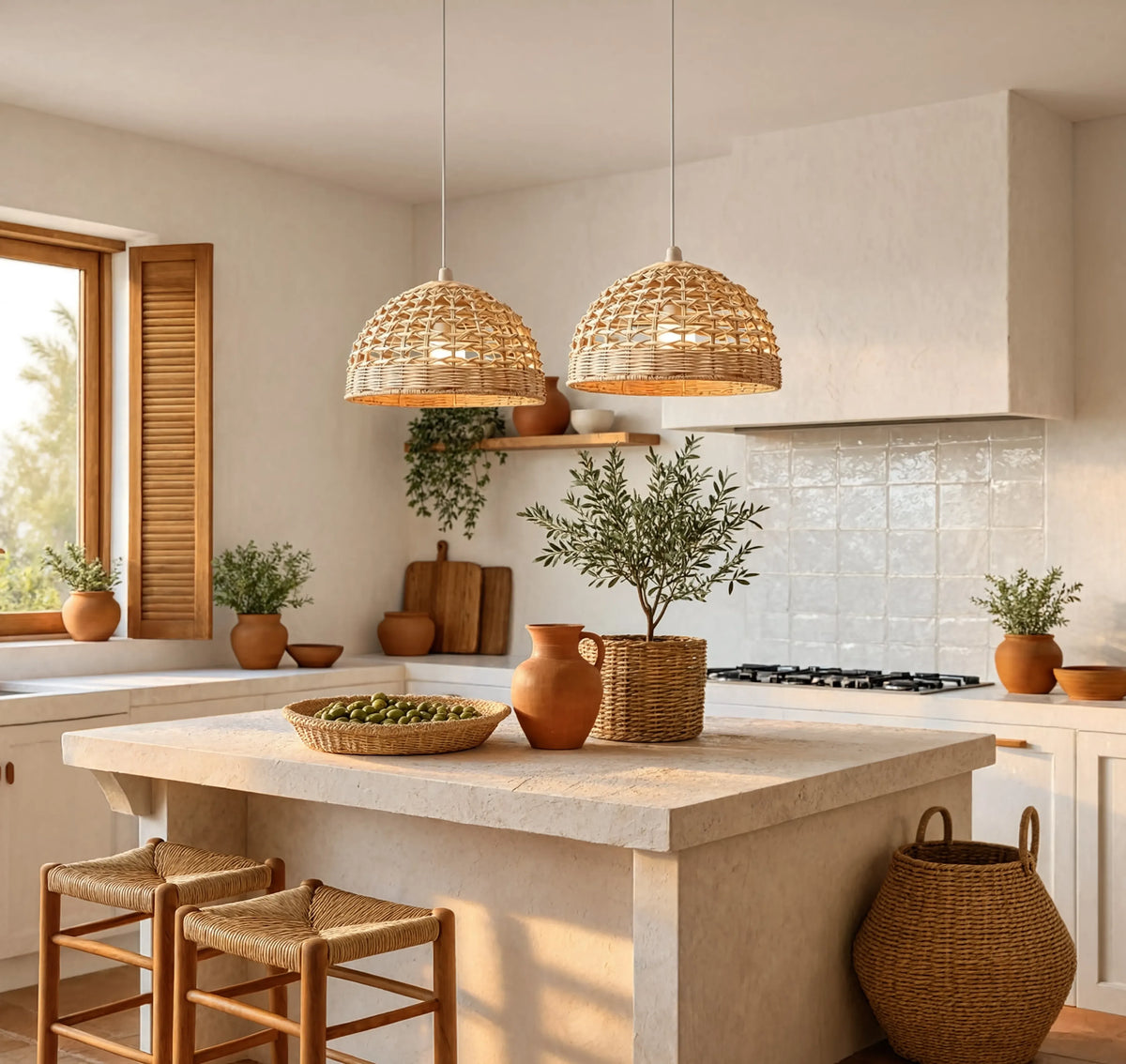 Amorgos open-weave rattan dome pendant light – shown in a kitchen