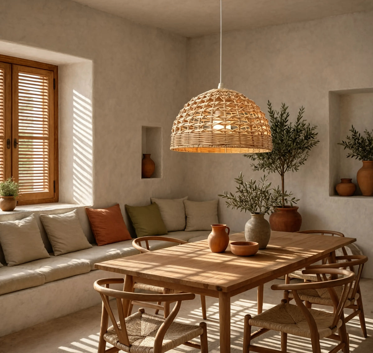 Amorgos open-weave rattan dome pendant light – shown in a dining room (2)