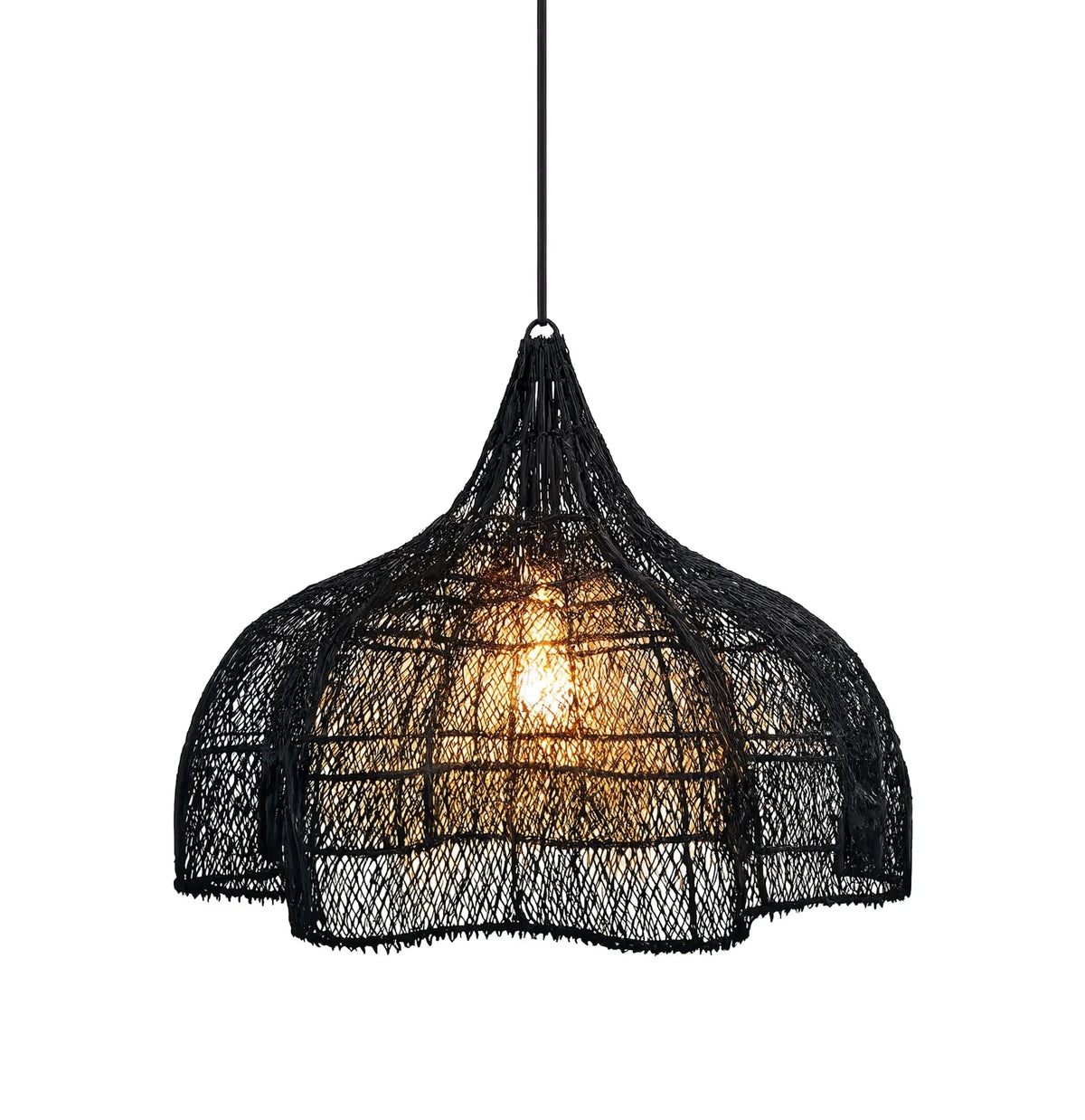 Taormine handwoven scalloped rattan pendant light – black variant, another view