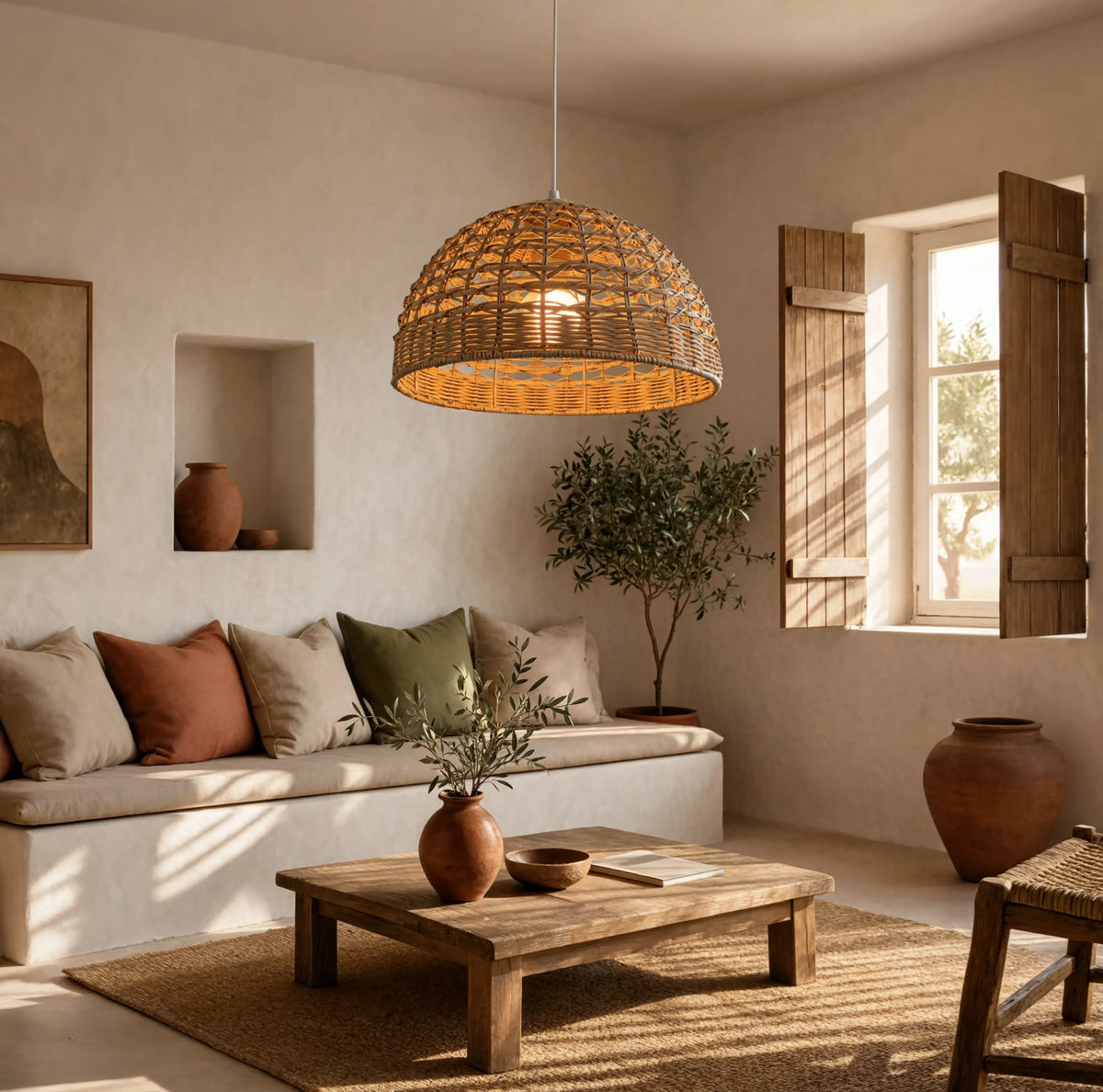 Amorgos open-weave rattan dome pendant light – shown in a living room