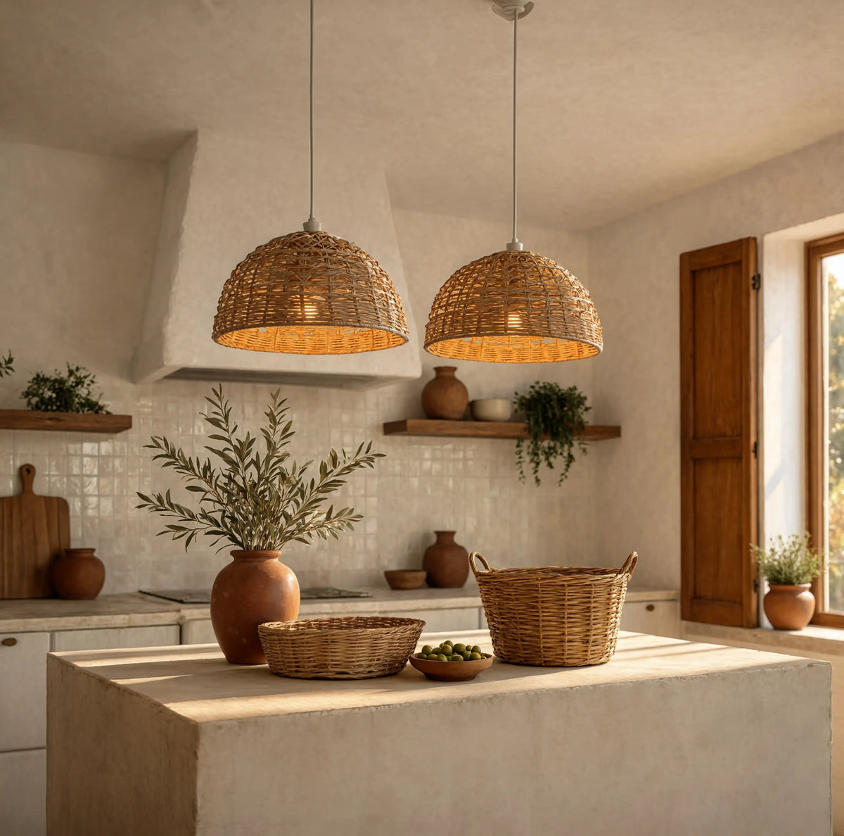 Amorgos open-weave rattan dome pendant light – shown in a kitchen (2)