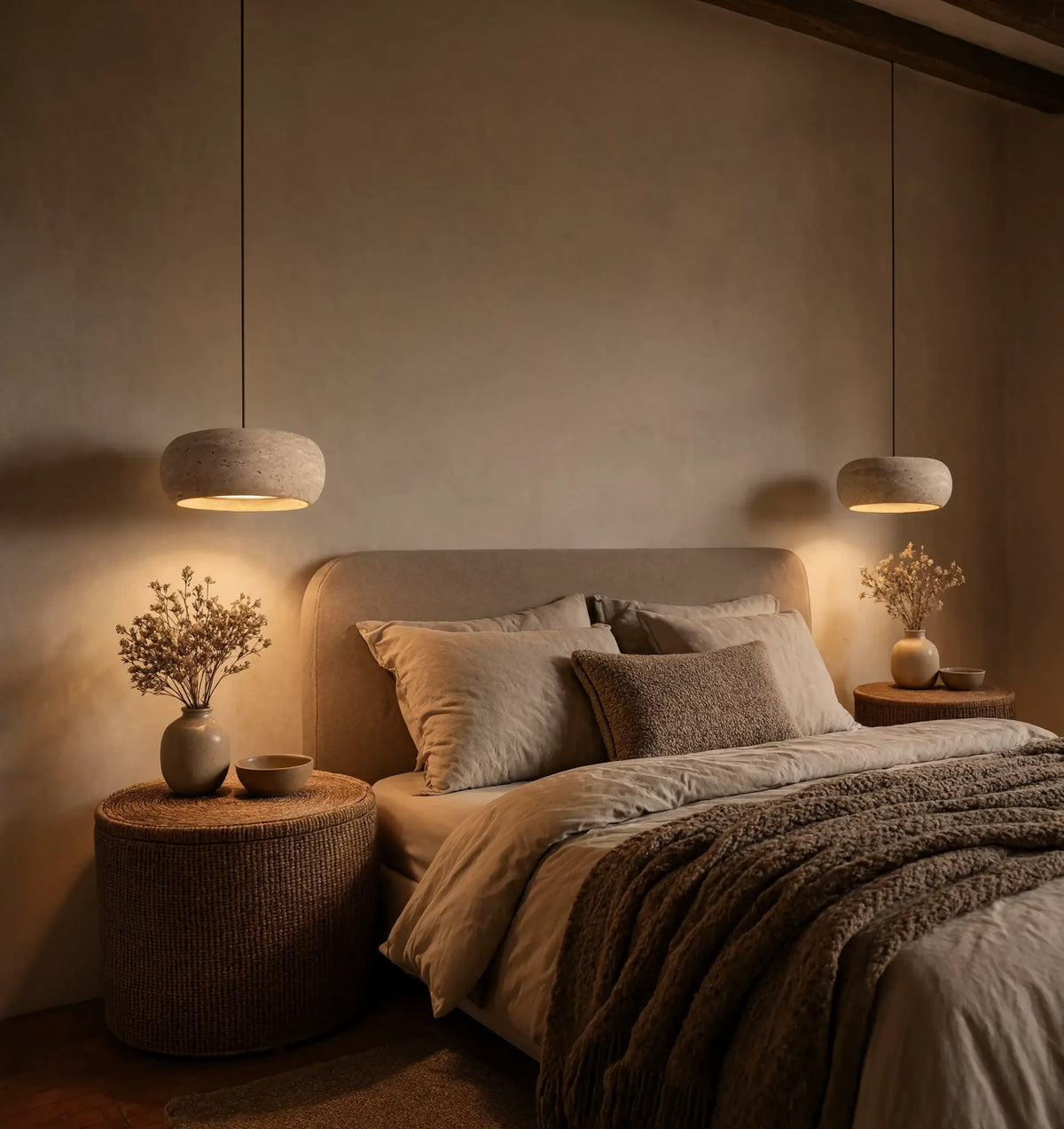 Claros travertine ring pendant light – shown in a bedroom