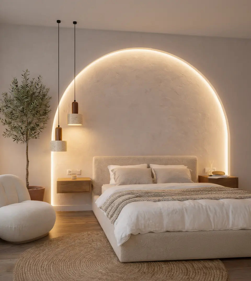 Capitello travertine and solid walnut pendant light – shown in a bedroom