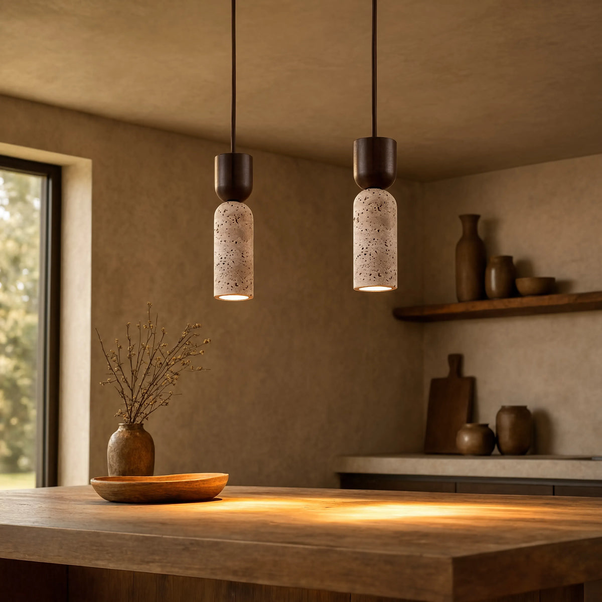 Ségeste narrow travertine and dark wood pendant light – shown in a kitchen (2)