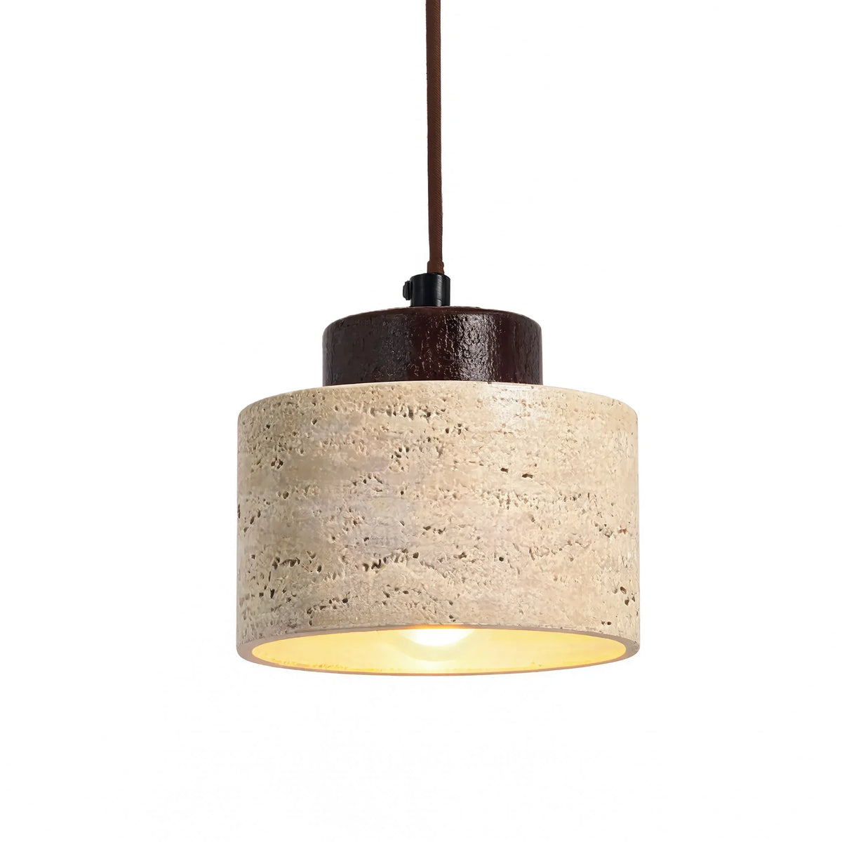 Velia travertine drum pendant light with dark wood cap