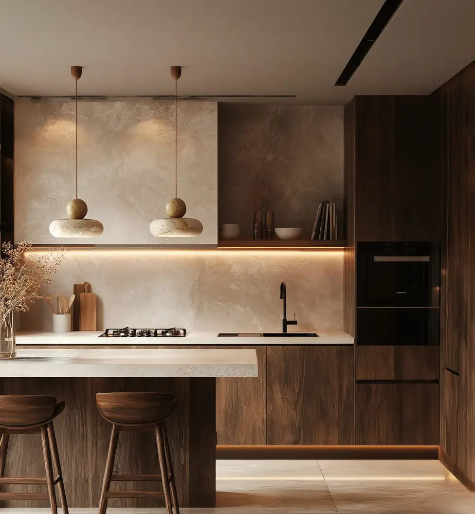 Lipari travertine and light wood ball pendant light – shown in a kitchen