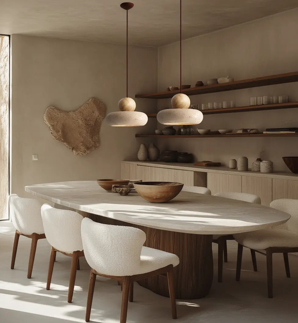 Lipari travertine and light wood ball pendant light – shown in a dining room