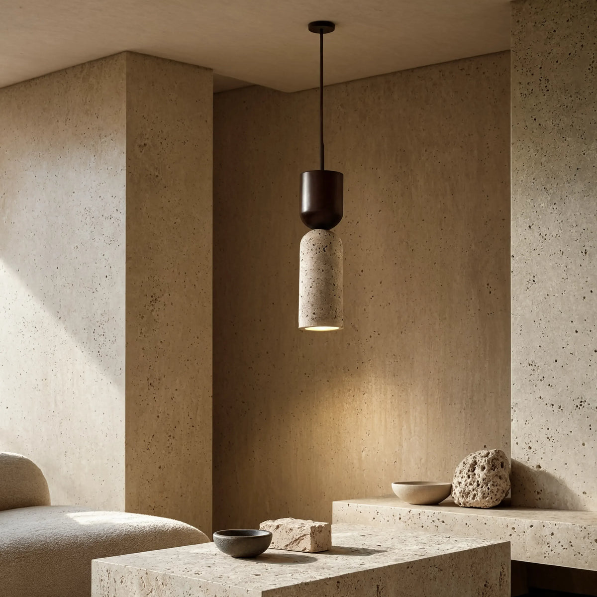 Ségeste narrow travertine and dark wood pendant light – shown in a living room (2)