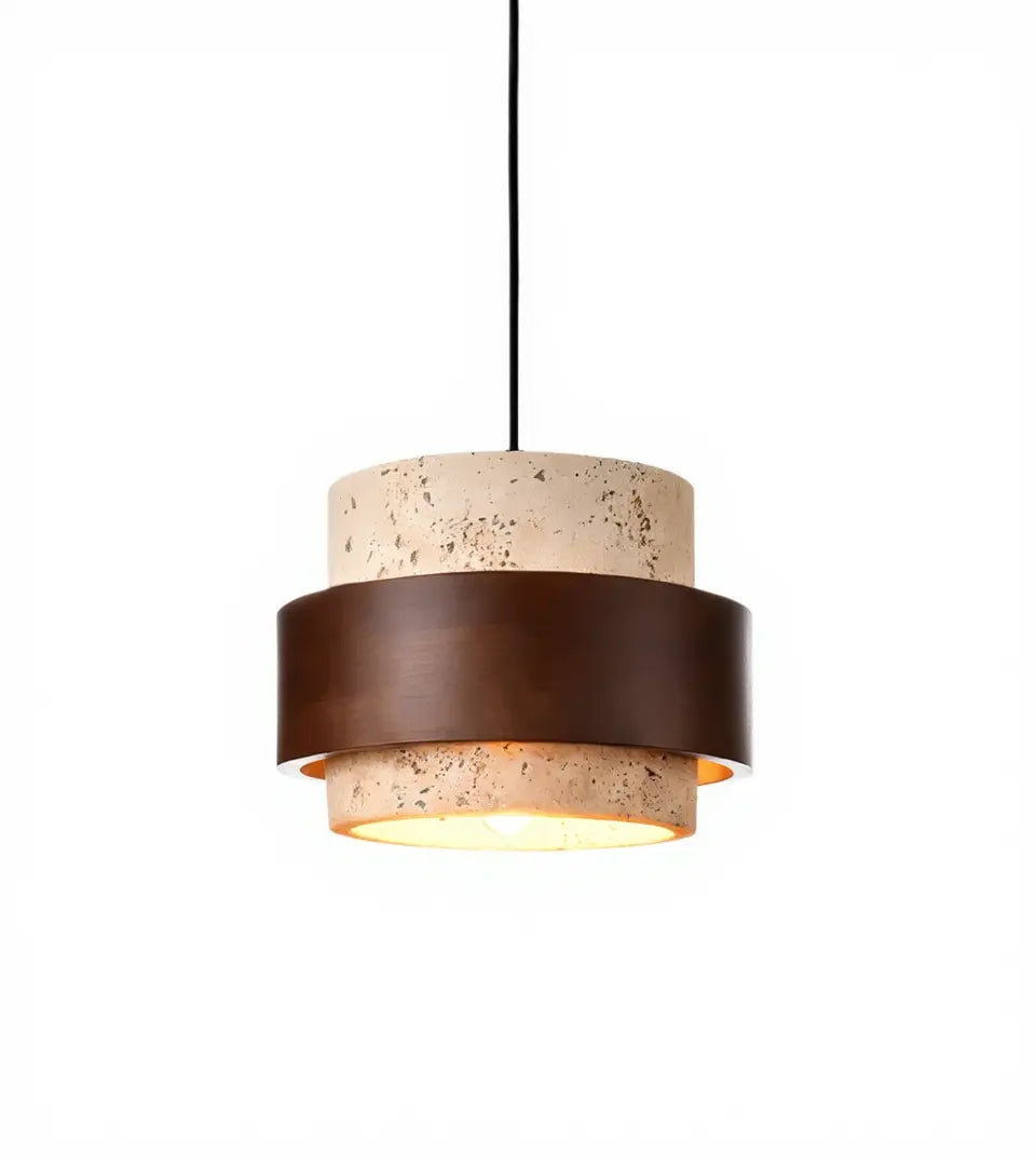 Saturnia tiered travertine and dark wood pendant light – light travertine variant